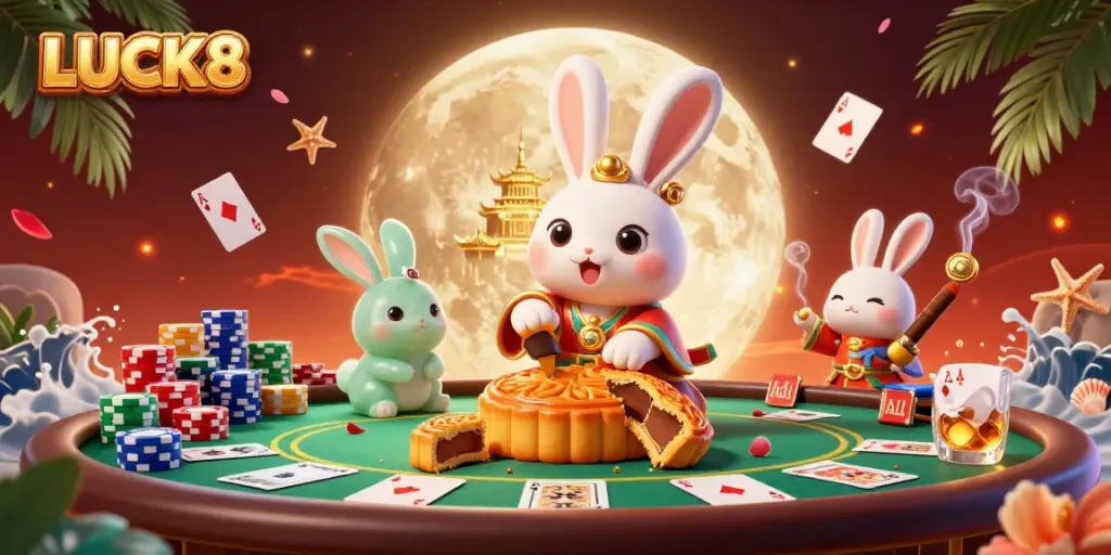 Engage with LUCK8 at our vibrant casino, featuring moon rabbits and poker chips in a dynamic 3D scene.