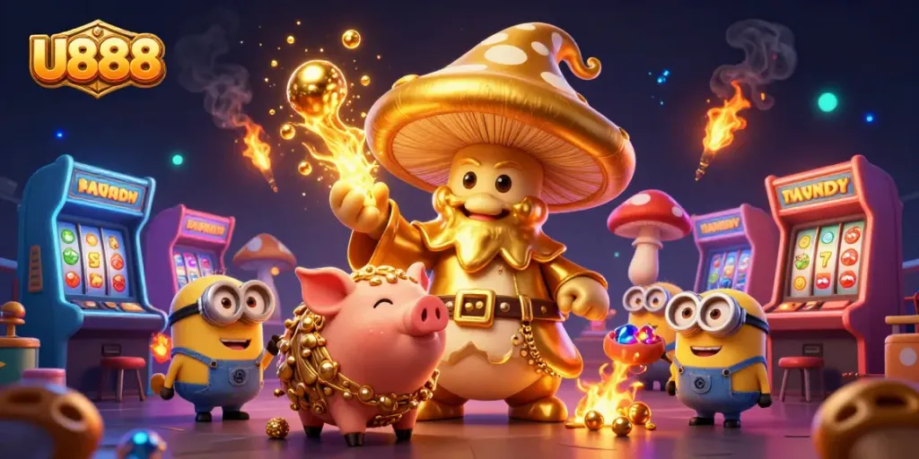 Engage with the colorful U888 casino scene featuring a magical wizard and treasure-hunting pig.