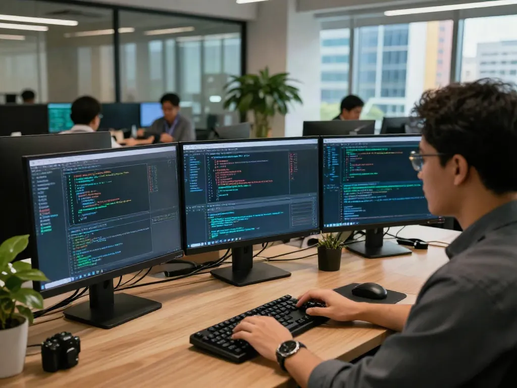 Cybersecurity analyst reviewing data in high-tech office related to pecah404.