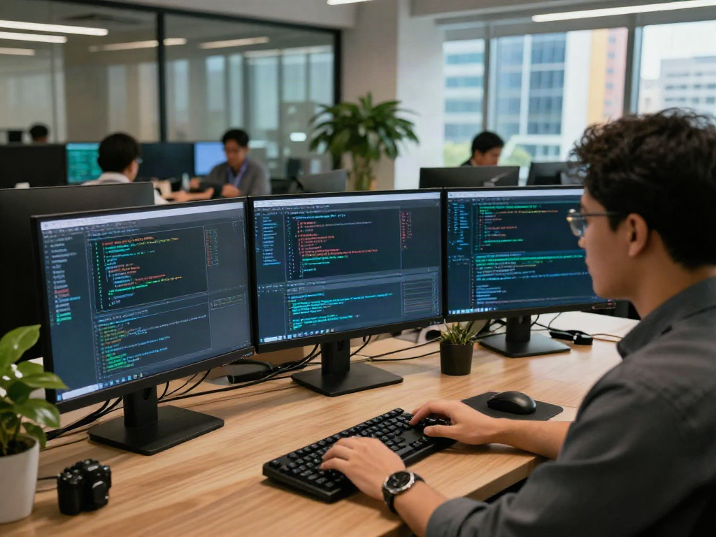 Cybersecurity analyst reviewing data in high-tech office related to pecah404.