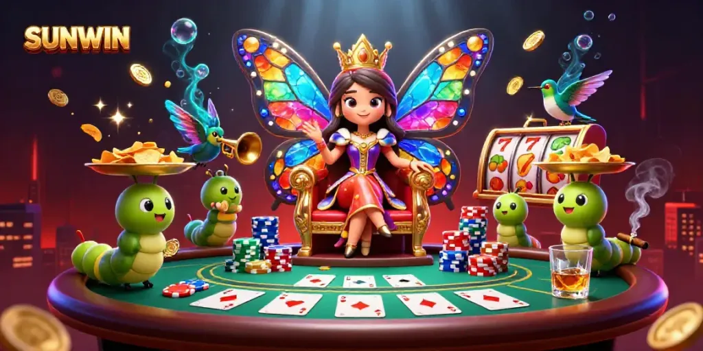 Experience the vibrant excitement of SUNWIN with a butterfly queen amidst a rich casino scene.
