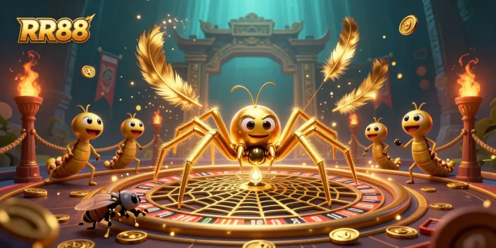 RR88 players betting on a golden roulette wheel spun by a 3D spider croupier in a vibrant casino.