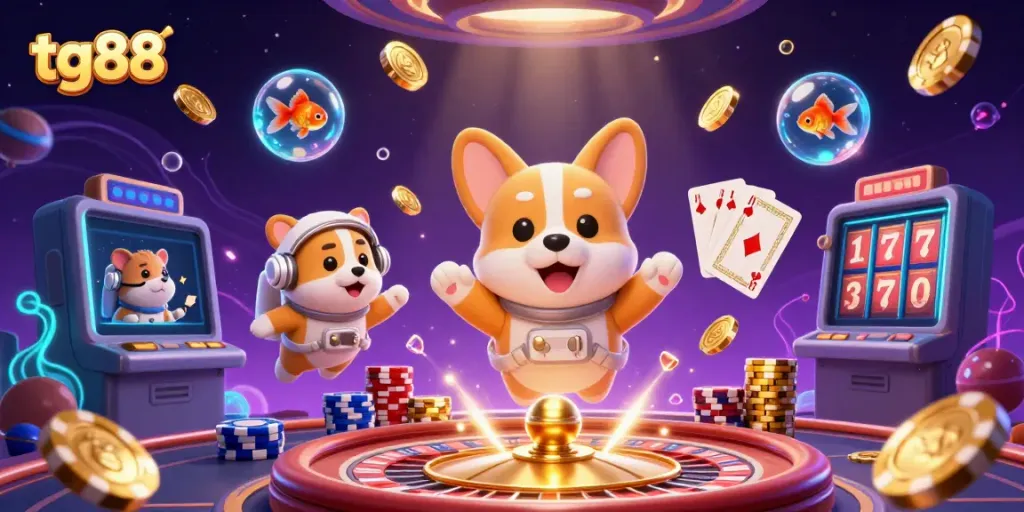 Experience thrilling betting with tg88's vibrant casino scene featuring floating dog astronauts and dynamic game elements.