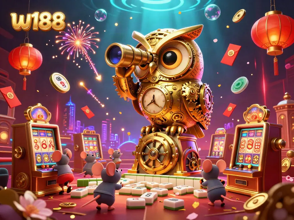 Engage with the vibrant casino scene featuring golden owl, slot machines, and festive decorations showcasing w188.
