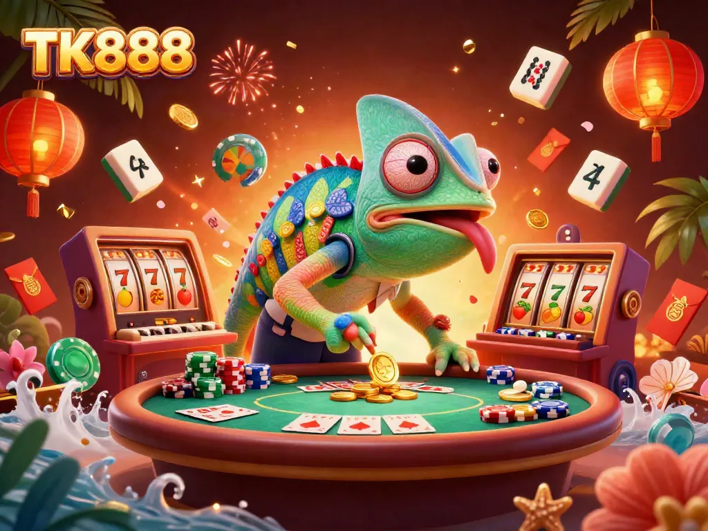 Engage with TK888 as you enjoy an action-packed casino illustration featuring a colorful chameleon, slots, and poker elements.