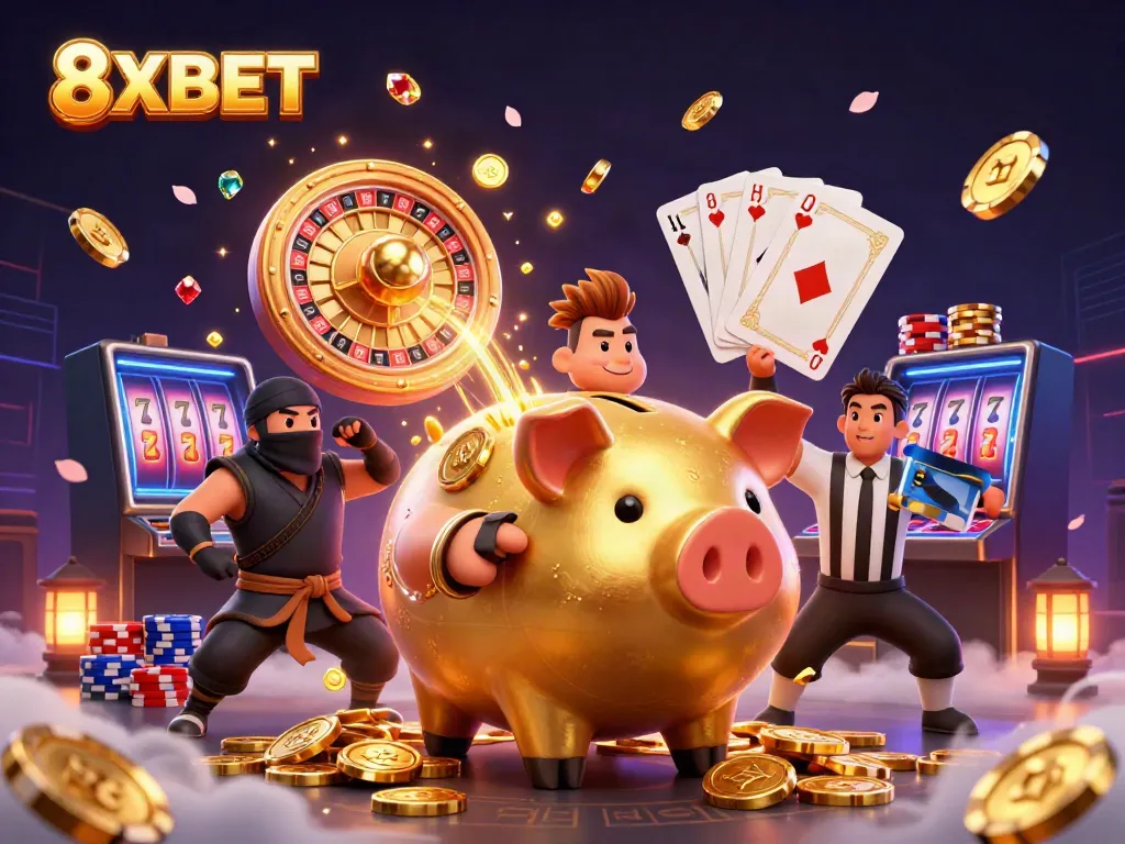 Engage in vibrant gaming action with the 8XBET brand illustrated through dynamic characters in a casino scene.