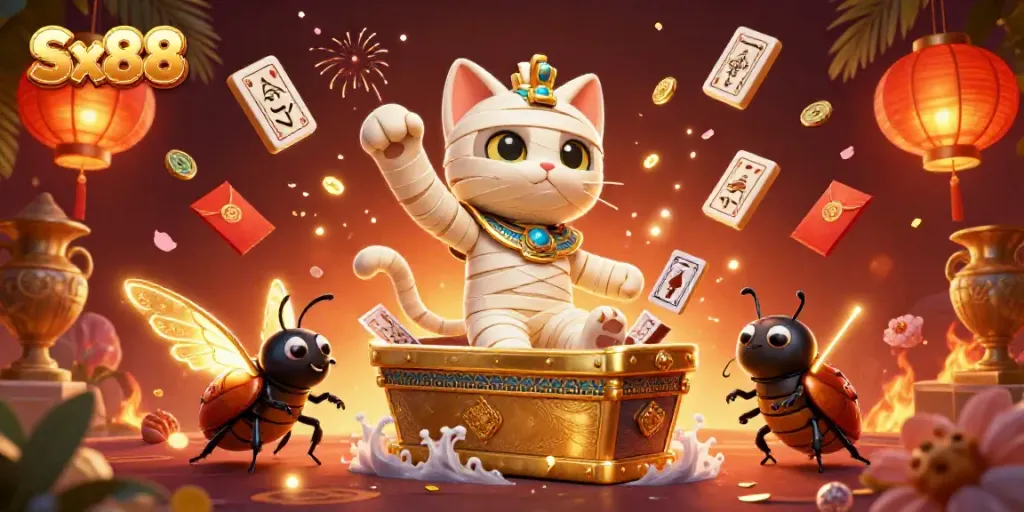 Sx88 illustration featuring a cartoon mummy cat and scarab beetle in a vibrant casino scene.