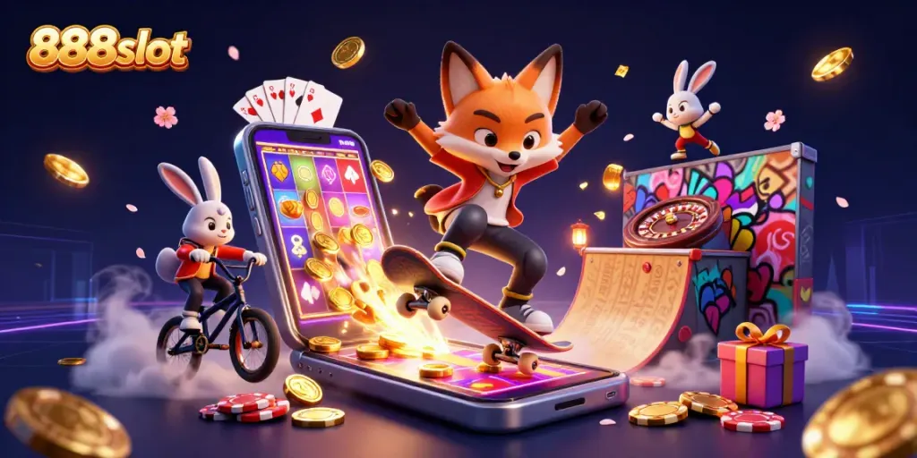 Experience excitement with 888slot featuring a skateboarder fox and BMX rabbit in a casino scene.