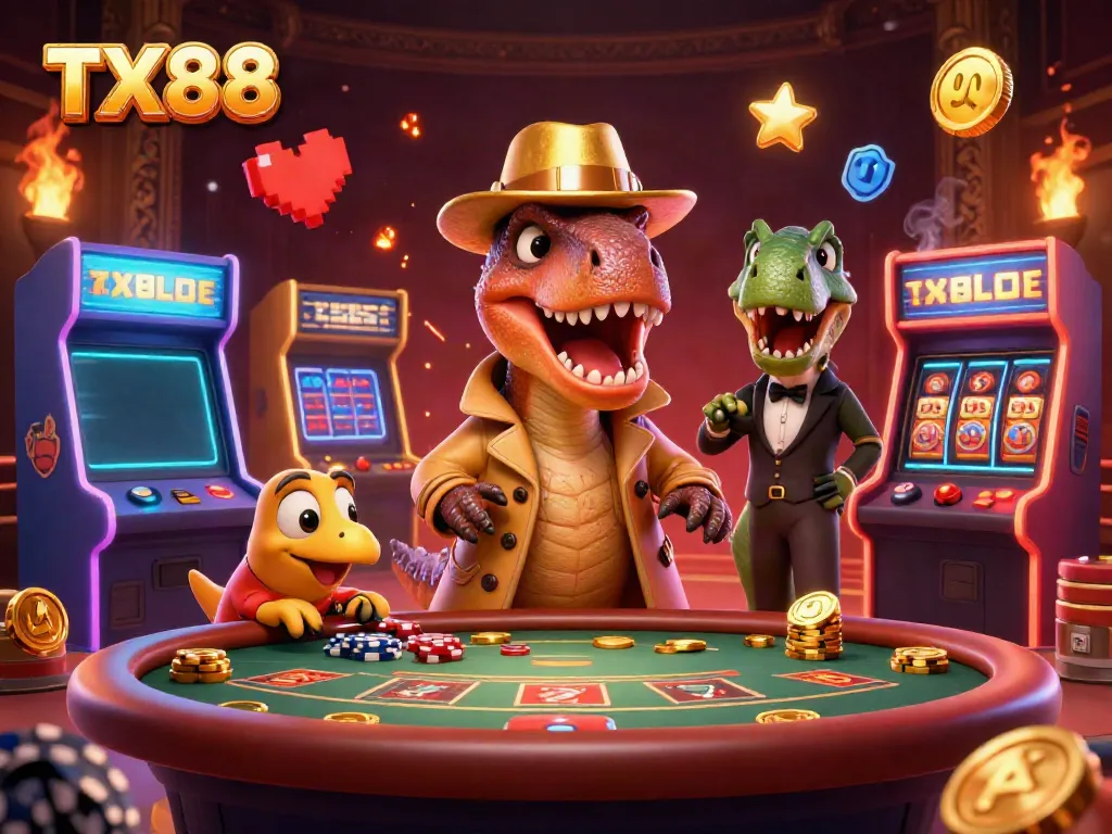 TX88 velociraptor card counter at a blackjack table, surrounded by vibrant casino elements and a stegosaurus pit boss.