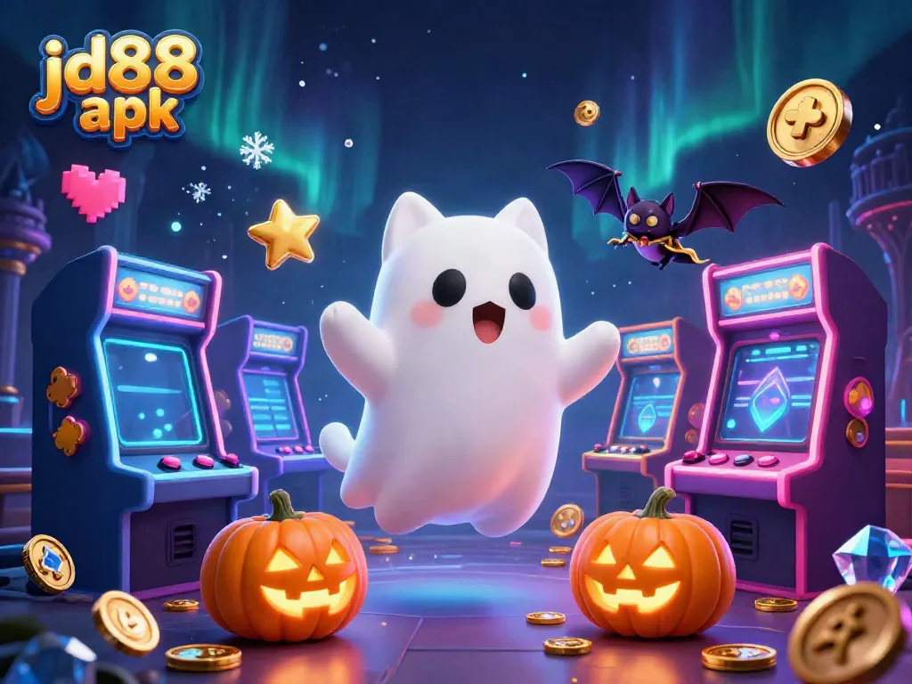 Engage in thrilling gameplay with the vibrant and whimsical JD88 apk featuring a floating ghost cat and arcade games in a haunted casino.
