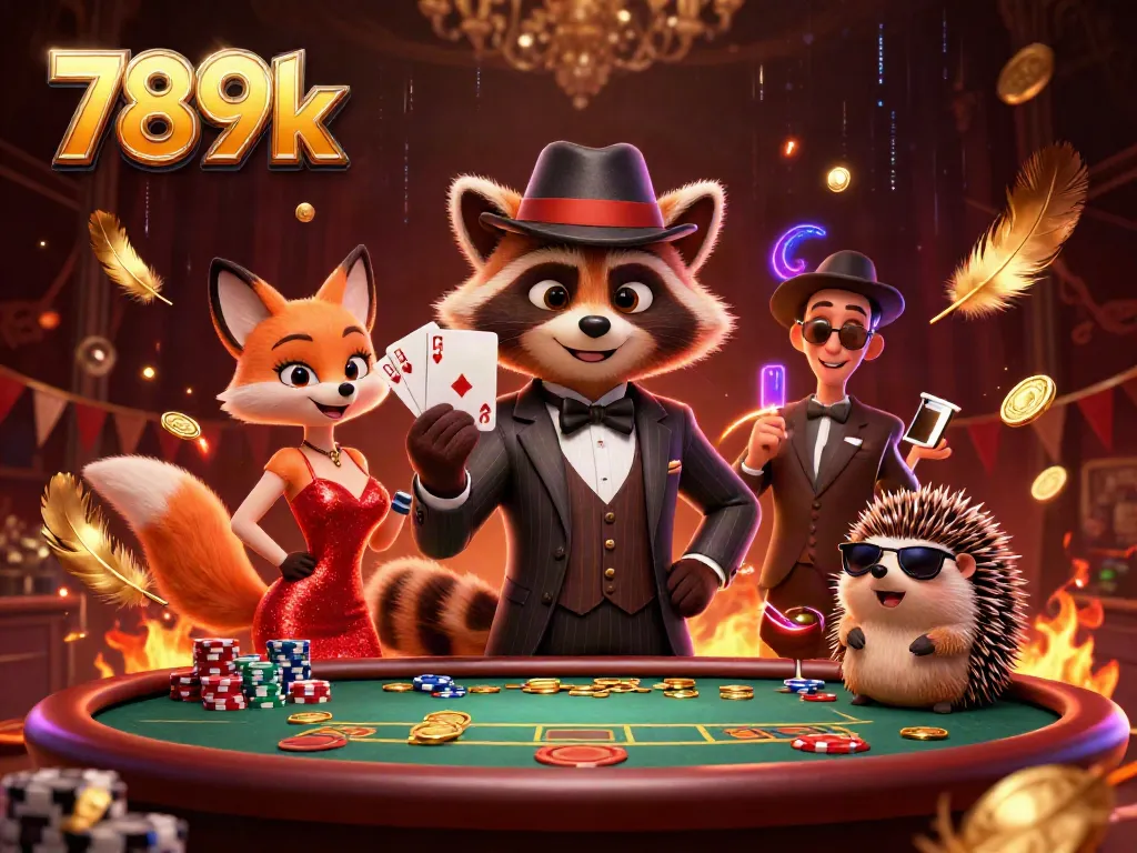 Play poker with 789k in an exciting casino scene featuring a raccoon and friends.