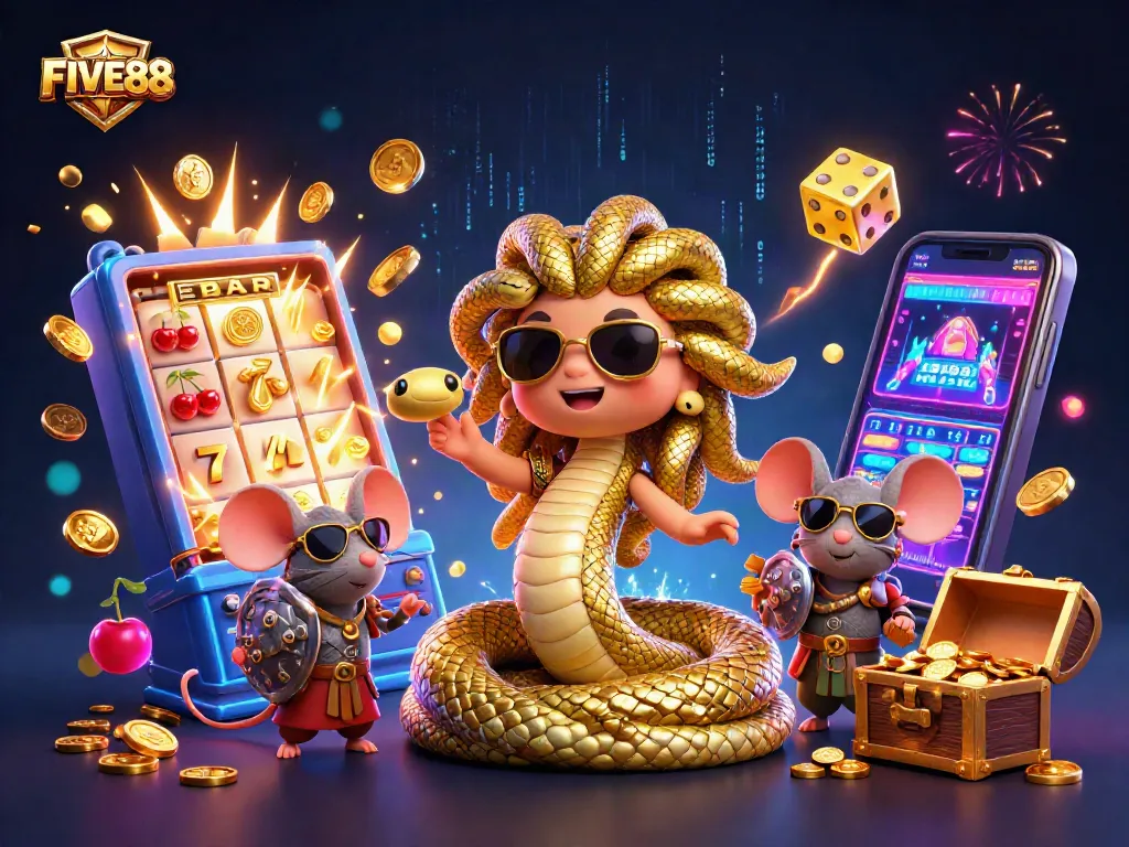 Join the fun at FIVE88 with a vibrant 3D casino scene showcasing exciting slot game elements.