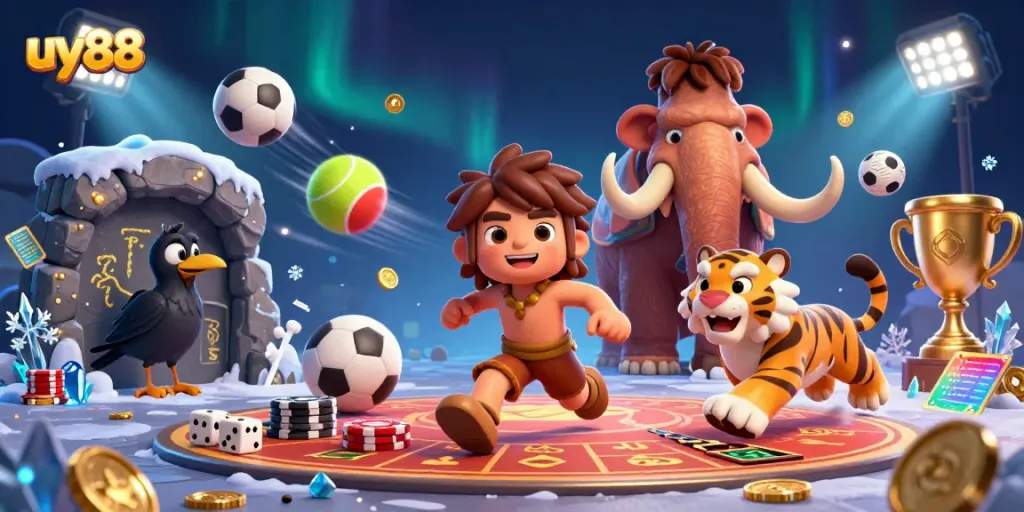 Caveman duo manages a prehistoric casino, showcasing the uy88 experience with engaging gameplay elements.
