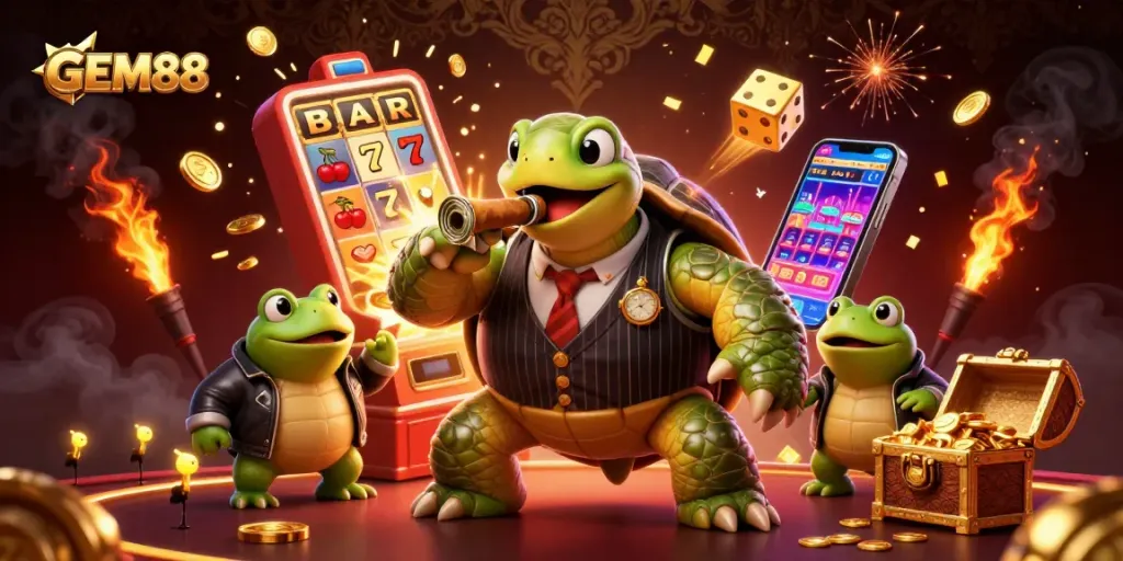 Experience GEM88's vibrant gaming world with a snapping turtle in a casino scene.