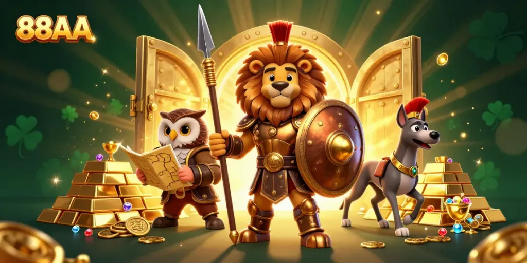 Experience thrilling gaming adventures with 88AA, where a Spartan lion, owl strategist, and greyhound messenger lead the way to treasure.