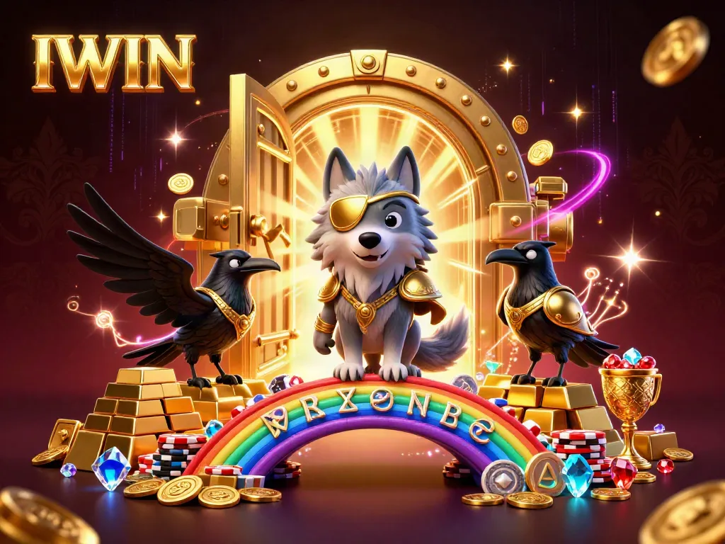 IWIN showcases a vibrant 3D illustration of a Norse wolf and ravens celebrating with gold treasures, embodying the thrill of casino gaming.