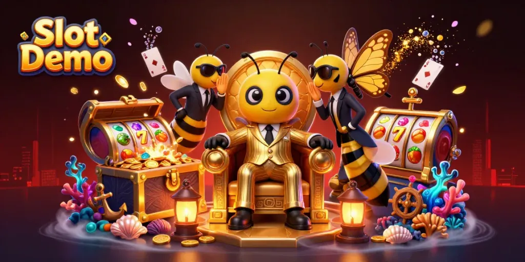 Experience thrilling gameplay with Slot Demo featuring a 3D cartoon bumblebee mob boss and vibrant gambling elements.