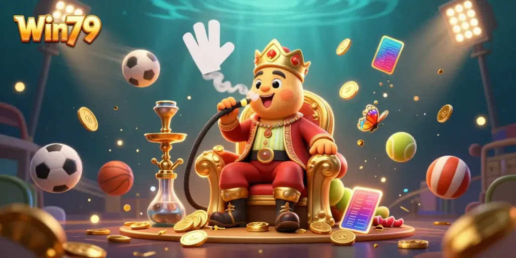 Win79 celebrates gaming with an epic 3D illustration featuring a caterpillar hookah-master in a vibrant casino setting.