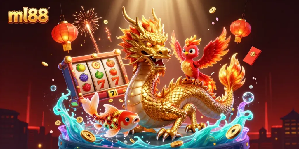 Experience vibrant gaming action with ml88 in this dynamic 3D illustration of dragons, phoenixes, and slot reels.