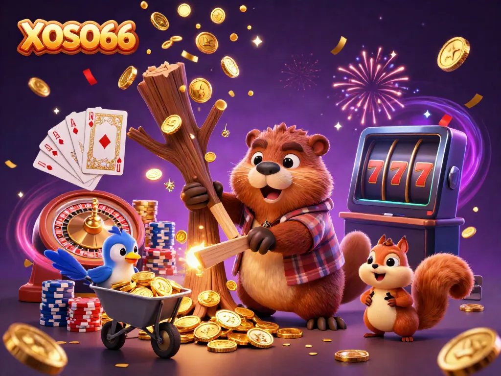 XOSO66 dazzles with a lively scene of a cartoon beaver gathering coins amidst casino elements.