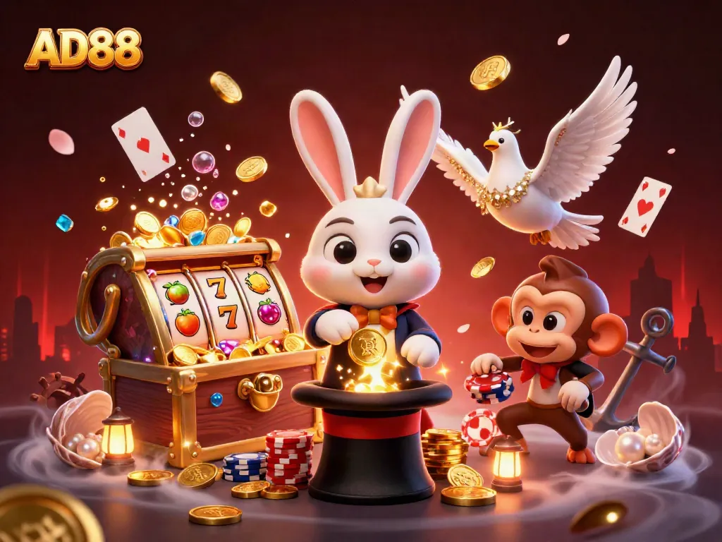 Experience the thrill of gaming at AD88 with a vibrant 3D illustration of a rabbit magician, dazzling dove, and sneaky monkey amidst casino elements.