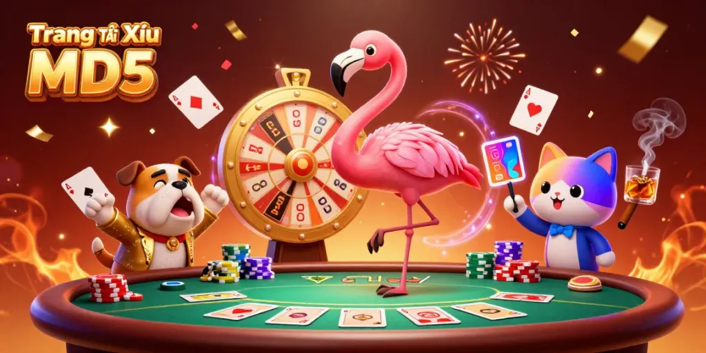Spin the golden prize wheel at Trang Chủ Tài Xỉu MD5, featuring a playful bulldog and flamingo host in action.