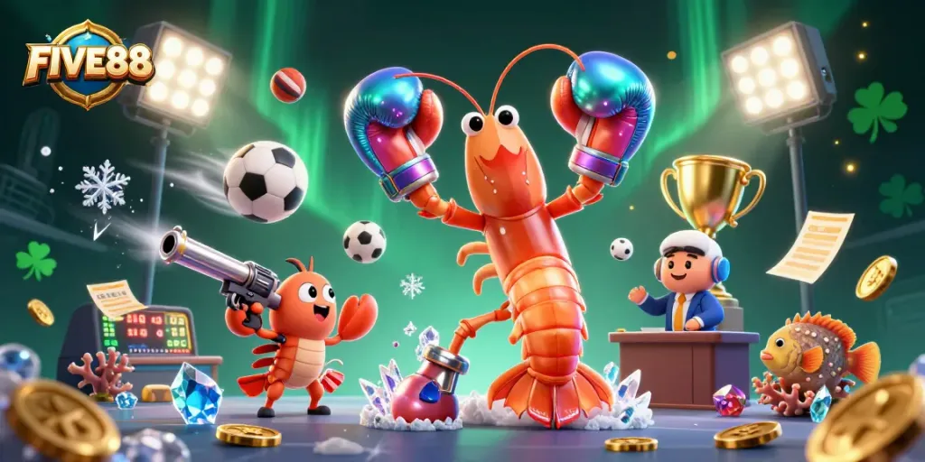Experience the thrill of FIVE88 with vibrant sports and betting elements in this dynamic 3D casino scene.