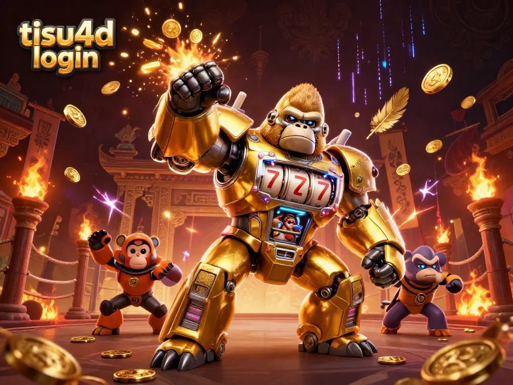 Gorila emas mech dengan bagian mesin slot menunjukkan triple sevens, menyemarakkan pengalaman permainan tisu4d login.