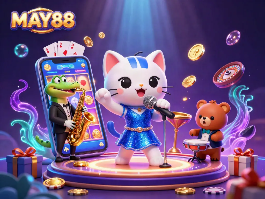MAY88 showcases thrilling slot game excitement with cartoon characters, vibrant casino elements, and rich visual detail.