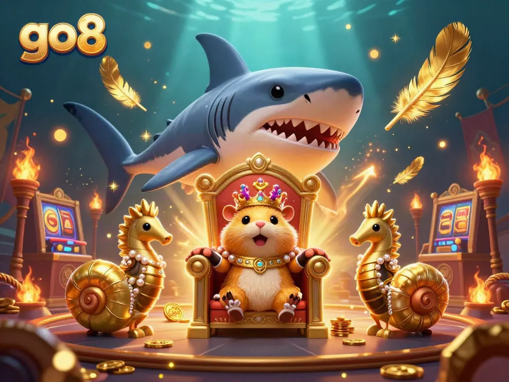 Engage with go8 mega thrills in this vibrant casino scene featuring gold coins and fierce golden hamster king.