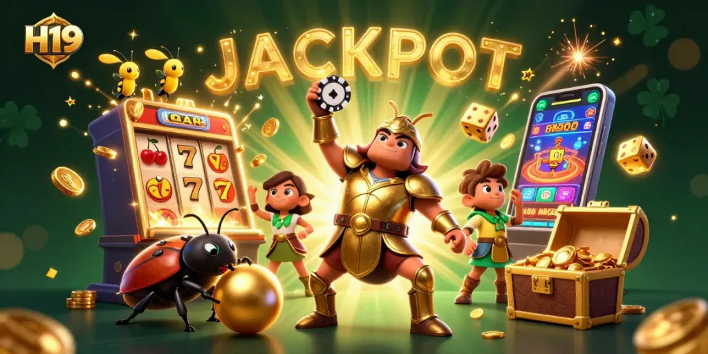 Experience excitement with H19 as a heroic beetle celebrates a jackpot win in this vibrant casino scene.