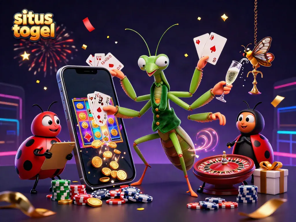 Situs togel themed vibrant illustration with a giant mantis dealing cards, ladybug pit boss, and dynamic game elements.