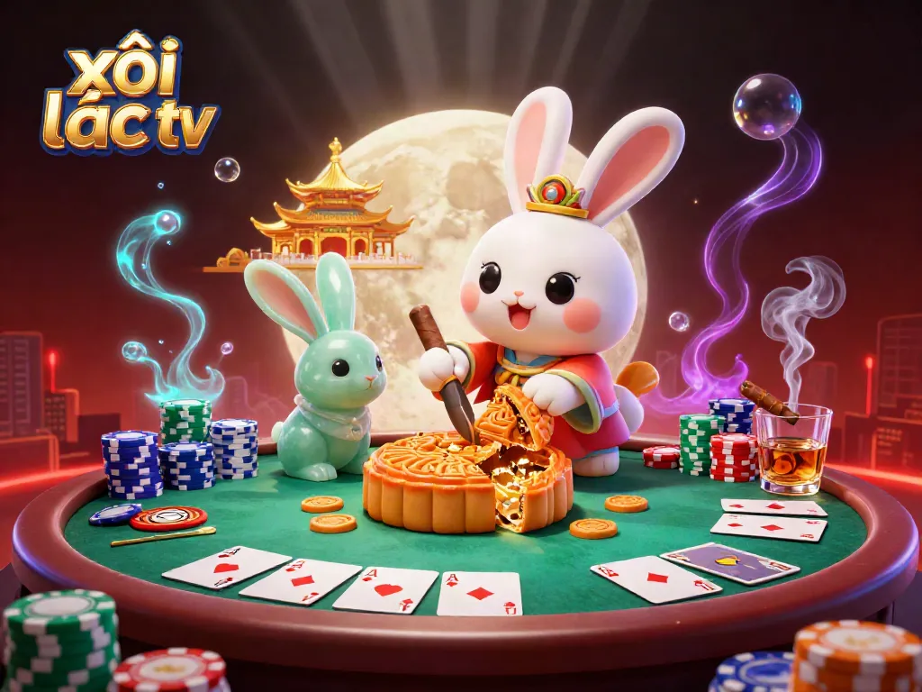 Xôi lạc tv brings the excitement of online poker to life with a vibrant illustration featuring cartoon rabbits and poker chips.