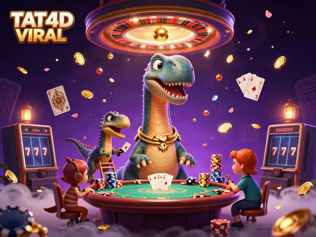 Experience TAT4D VIRAL with a playful scene of a brontosaurus in a casino playing cards amidst sparkling gems and coins.