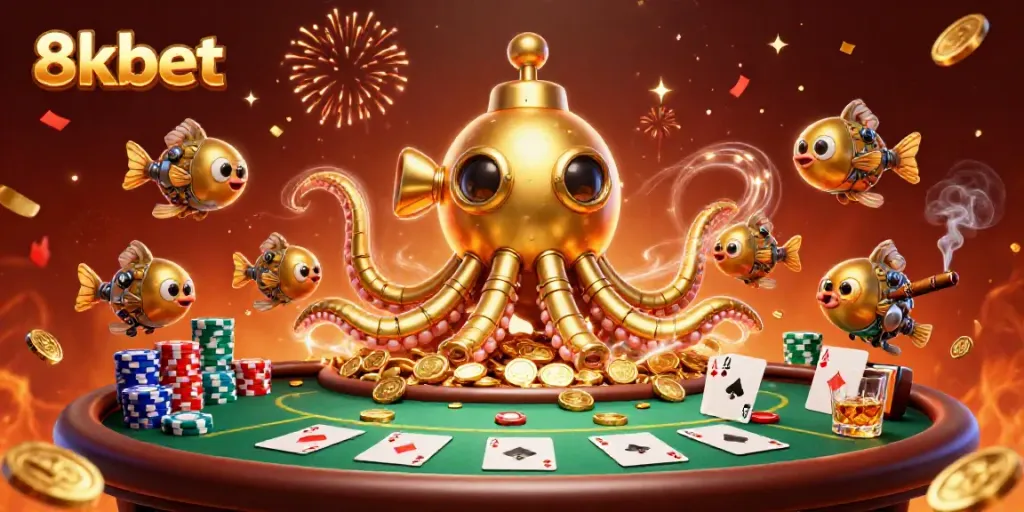 Experience thrilling gameplay in 8xbet with a vibrant kraken submarine amidst gold coins and poker tables.