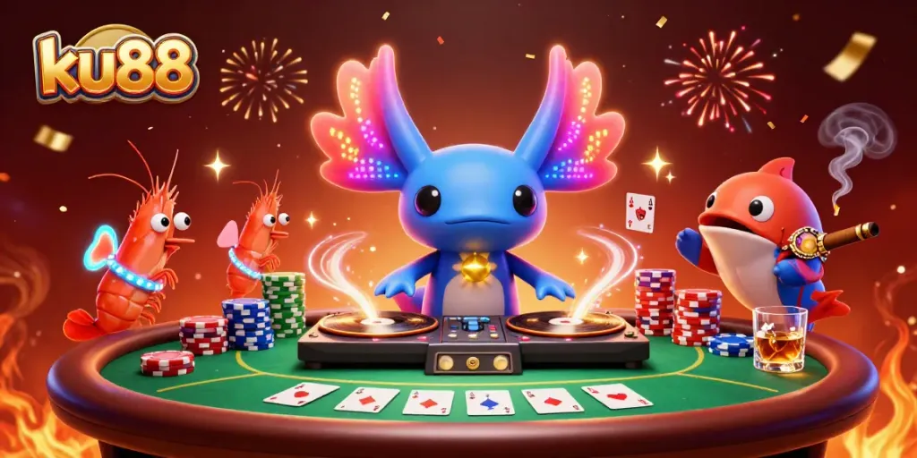Experience the vibrant ku88 casino atmosphere with a neon-lit DJ and lively characters.