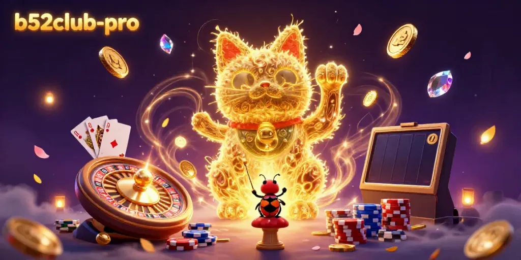 Join the fun at b52club-pro with a whimsical illustration of a lucky cat, vibrant casino symbols, and gold coins.