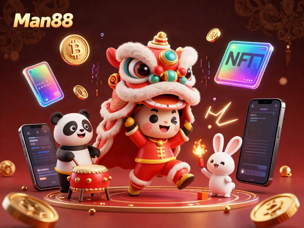 Experience the thrill of Man88 with a festive, colorful 3D illustration celebrating online gaming.