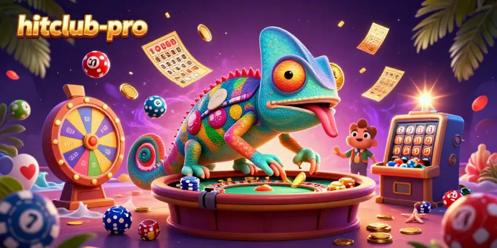 Experience thrilling gameplay at hitclub-pro with a dynamic 3D chameleon casino owner surrounded by vibrant gaming elements.