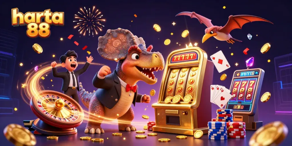Experience harta 88's excitement with a pachycephalosaurus winning slots, cascading coins, and dynamic casino elements.