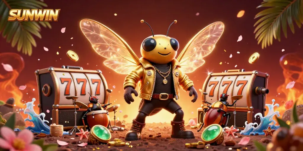 Unleash your luck with SUNWIN's 3D casino scene featuring vibrant characters and dynamic gaming elements.