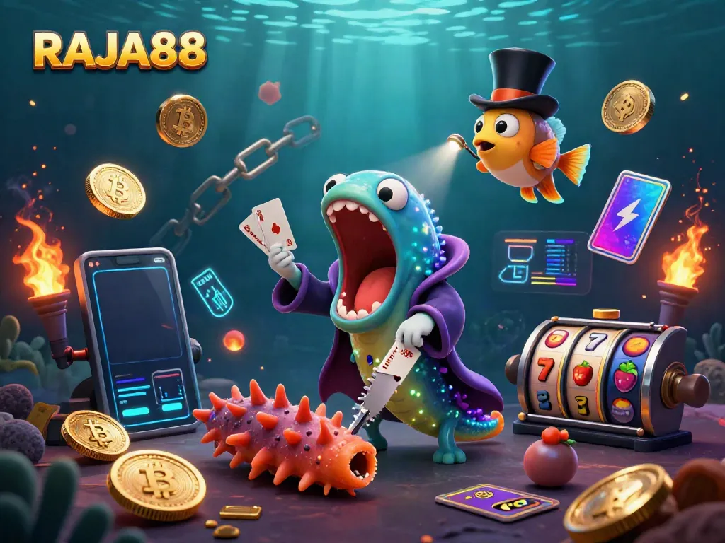 RAJA88 showcases vibrant deep-sea characters in a magical casino-themed scene.