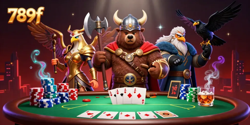Engage in thrilling gameplay with 789f, featuring dynamic 3D bear and eagle characters at a vibrant poker table.