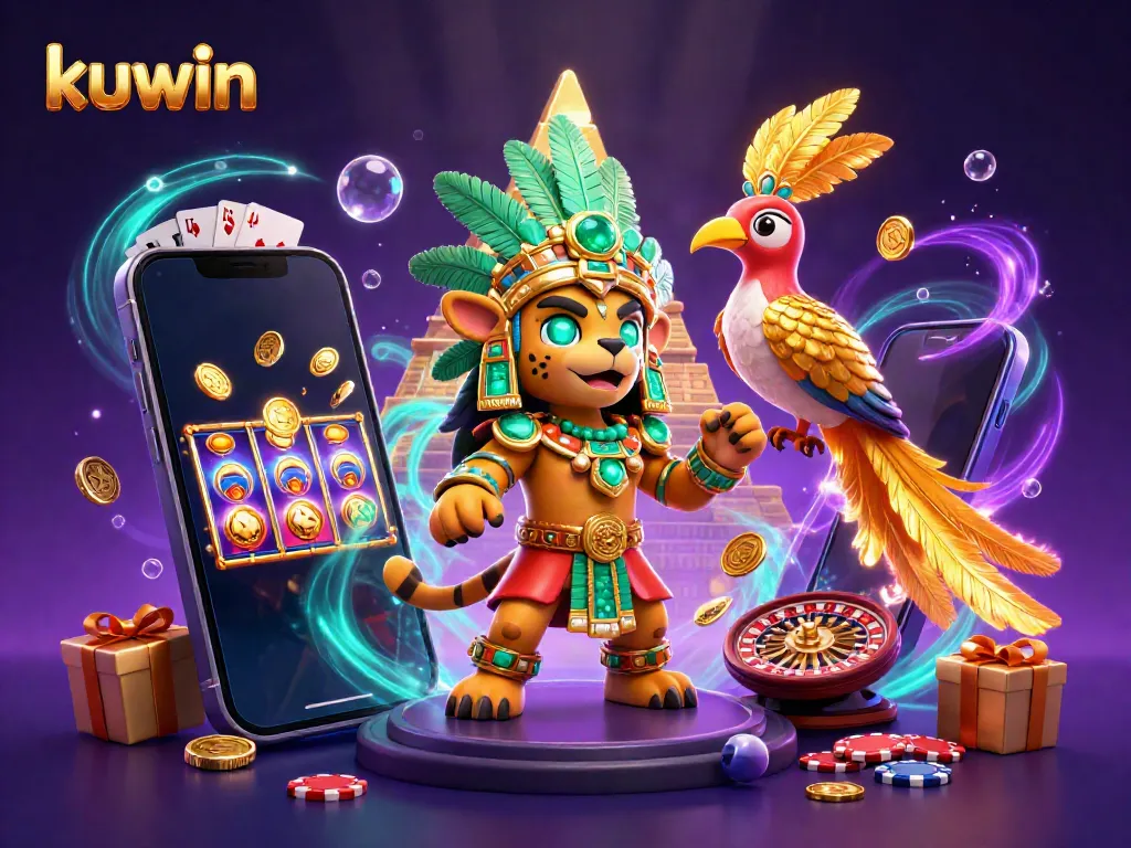 Immerse in the vibrant kuwin casino world, featuring a Mayan jaguar priest with slot games and gold coins.