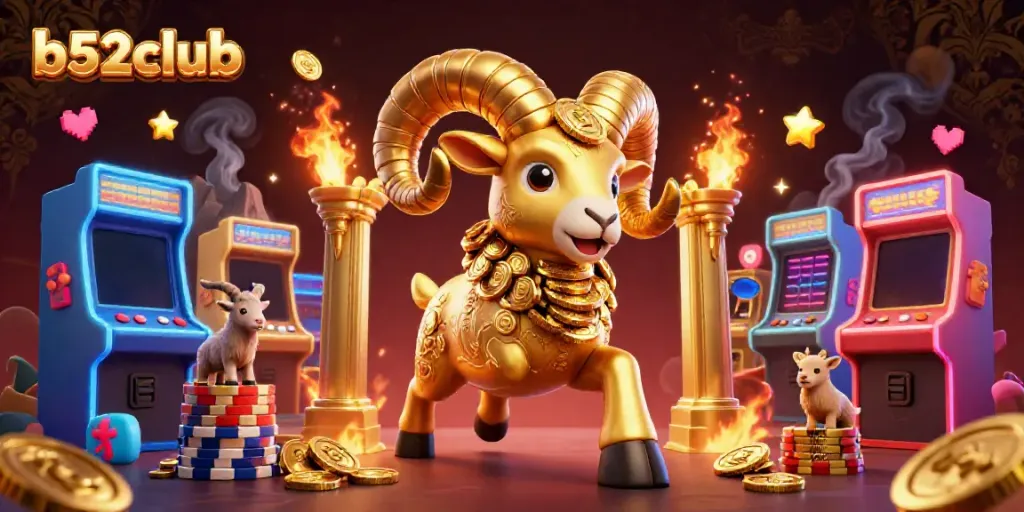Experience the excitement of b52club with a vibrant 3D illustration showcasing a golden ram charging through a dynamic arcade scene.