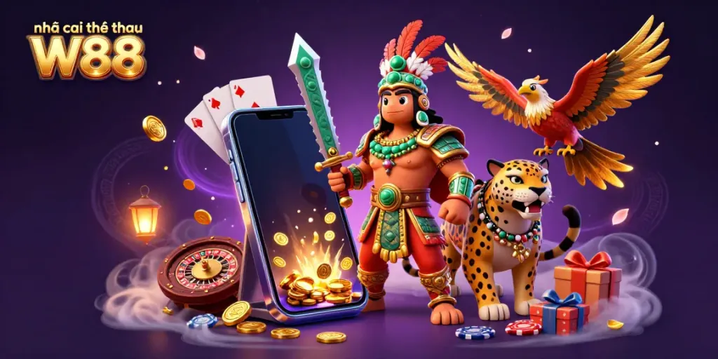 Engaging action scene showcasing Nhà cái thể thao W88 with Aztec warrior, jaguar companion, and immersive casino elements.