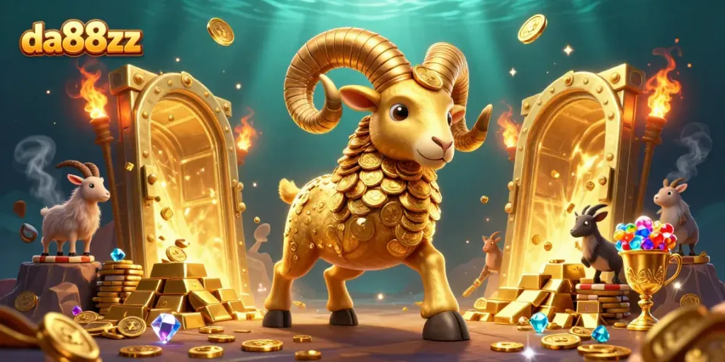 Engage in thrilling gameplay at da88zz, featuring a golden ram charging through a vibrant casino scene.