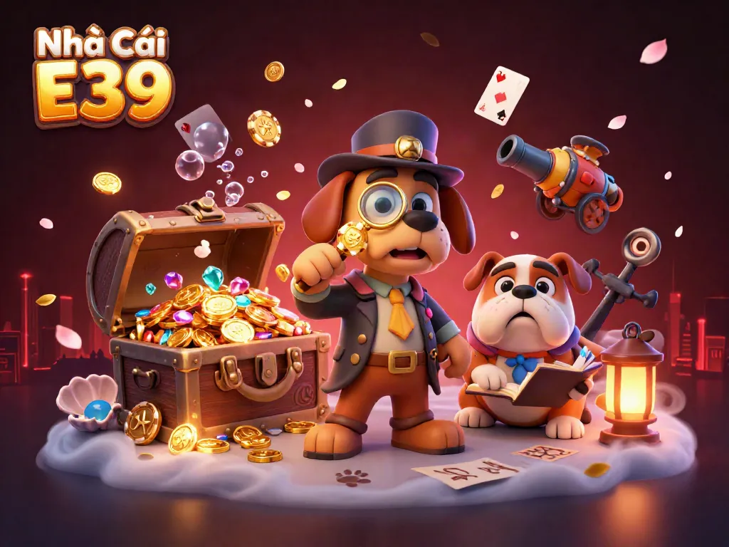 Engage in the fun at Nhà Cái E39 with a thrilling illustration of a detective finding treasure clues in the casino.