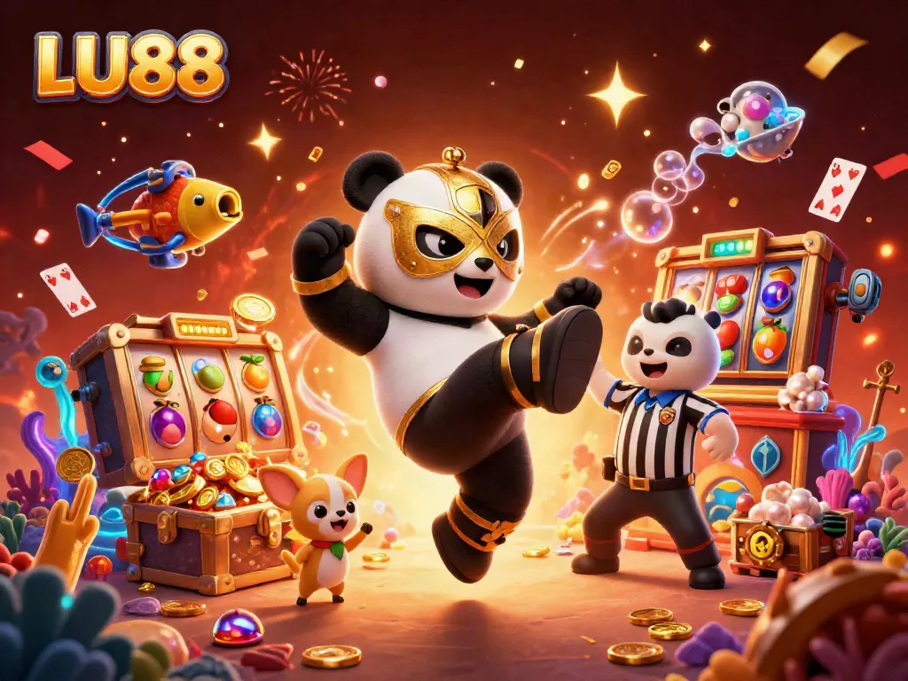 LU88 slot gaming scene featuring lively characters and dynamic casino elements for an engaging experience.