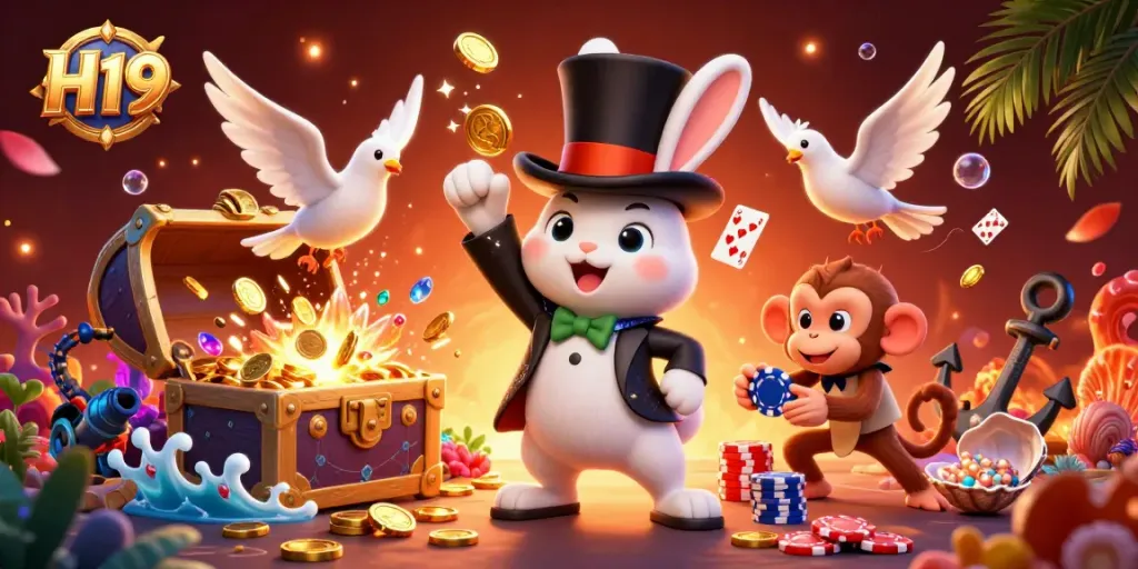 Experience H19's thrilling gameplay with a magician rabbit pulling coins amidst vibrant casino elements.
